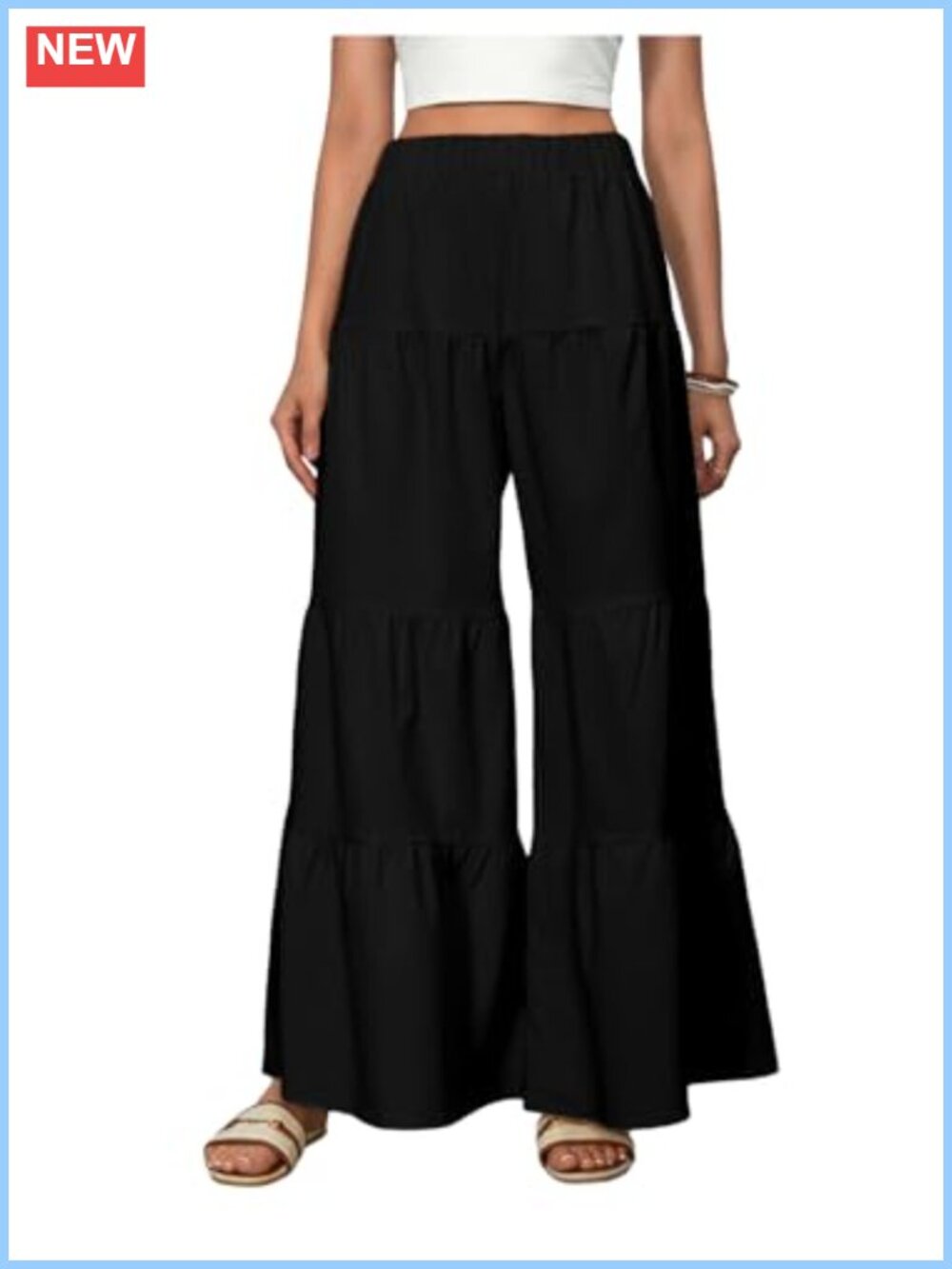 WDIRARA Women's Flowy Boho Elastic High Waist Ruffle Hem Wide Leg Palazzo Pants